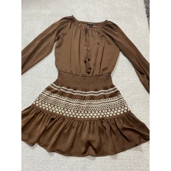 Shyanne Brown Western Embroidered Smocked Mini Dress Long Sleeve Tassels Size M - Image 15