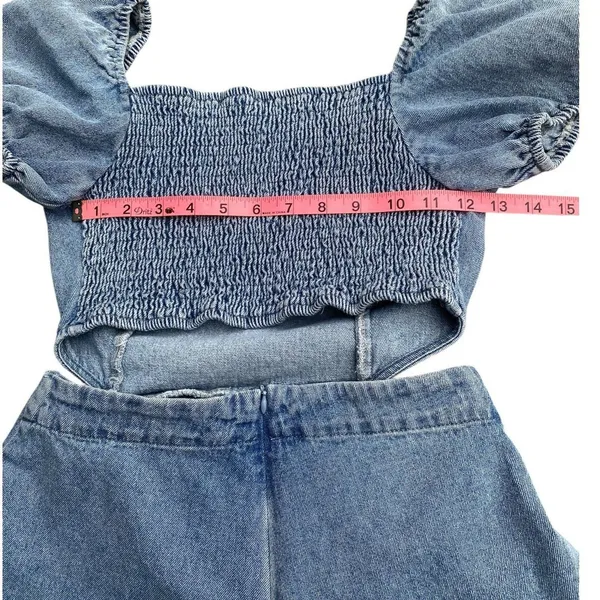 Altar'd State Y2K Festival Summer square neck puff sleeve cut out waist Denim Romper size S - Image 10
