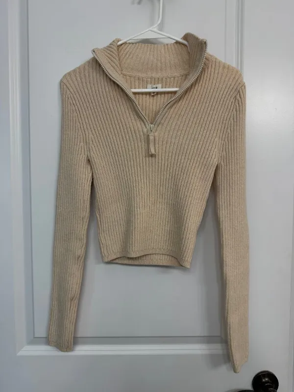 Aerie Cream Cropped Knit Sweater Pullover M - Image 3