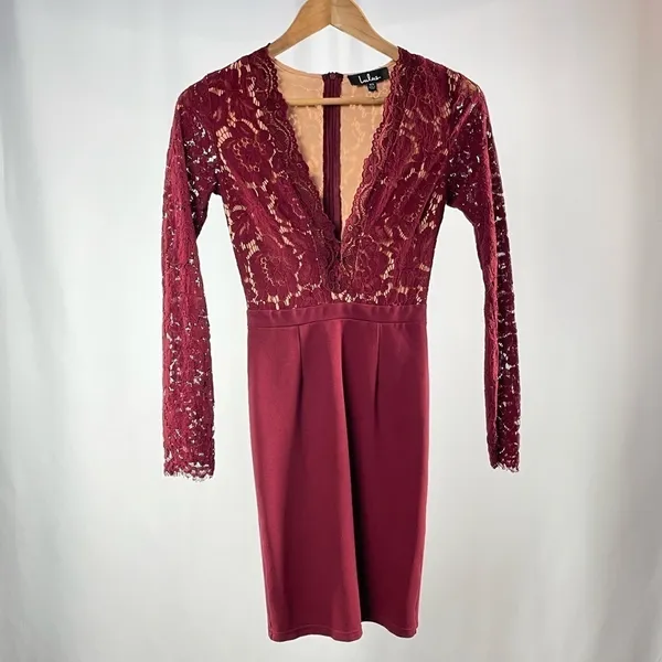 Lulus Swooner or Later Plunge Long Sleeve‎ Lace Mini Dress in Burgundy Size XS - Image 6