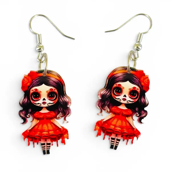 Boutique New Day of the Dead Sugar Skull Doll Acrylic Dangle Earrings - Image 5