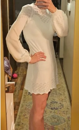 RUMORED Knit Pullover Dress White Crew Neck Open Knit Lace Accent S Women - Image 5