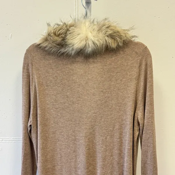 Loft Faux Fur Collar Open Front Cardigan Tan Heather Knit Pockets Large Neutral - Image 5