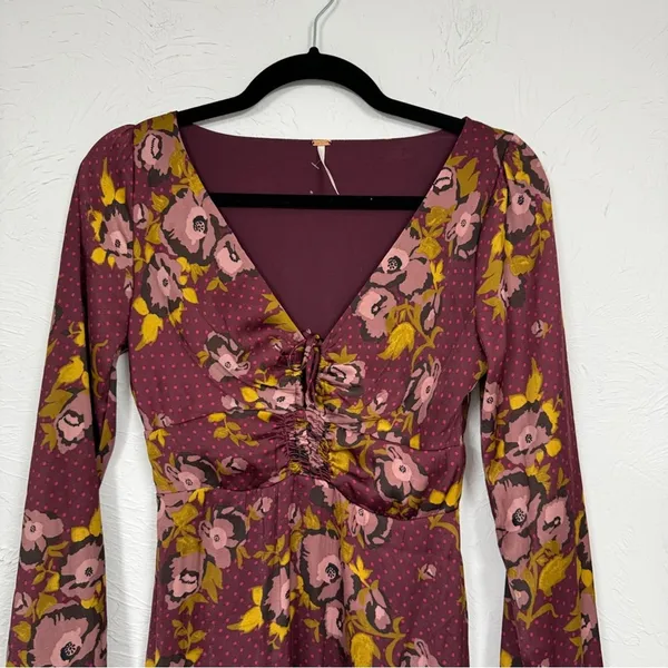 Free People Red Floral Balloon Sleeve Mini Dress Womens 2 Peasant Satin Burgundy - Image 3