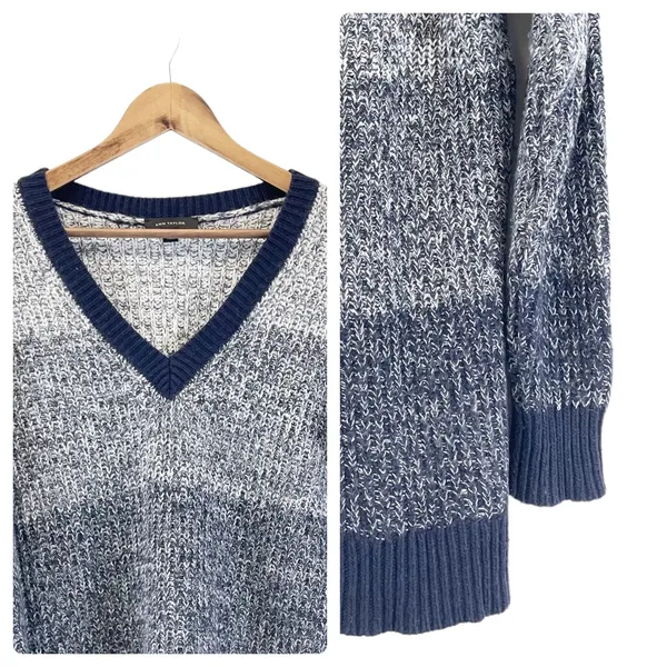 Ann Taylor Womens S Chunky V-Neck Sweater Color Block Stripes Blue‎ White - Image 3