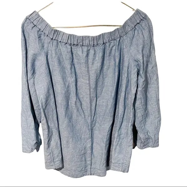 Free People‎ Small Linen Chambray Denim Show Some Shoulder Tie Wrist Tunic Top - Image 6