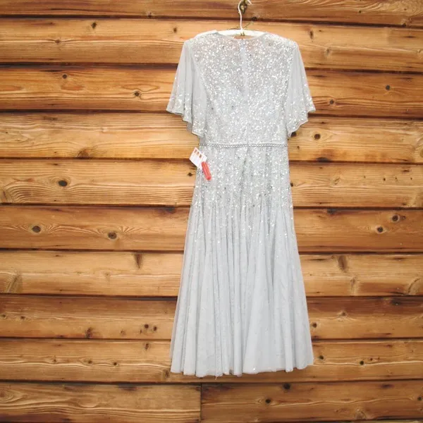 Mac Duggal Light Blue Size 6 Beaded Sequin Rhinestone High Neck MIDI Dress Gown - Image 9