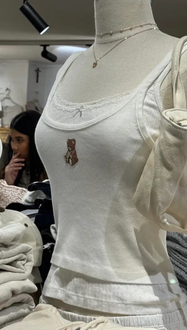 Brandy Melville John Galt White Bear Embroidery tank top - Image 5