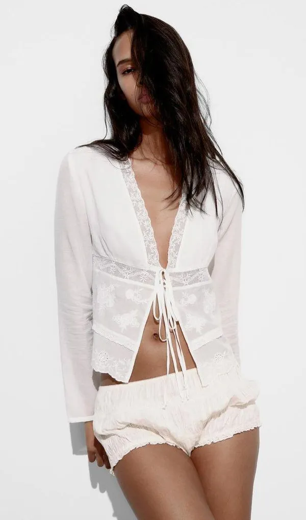 ZARA NWT White EMBROIDERED TIED SHIRT. Size Large - Image 5