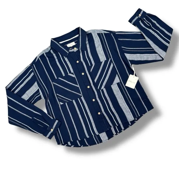 Sandy & Sid Striped Long Sleeve Button‎ Up Crop Shirt Blue White Large - Image 12
