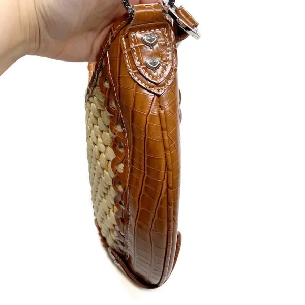 Brown Faux Leather & Woven Straw Silver Accents Purse Bag - Image 5