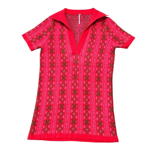 Free People Pink Red Geometric Knit Sweater Polo V-Neck Short Sleeve 70s Boho - Image 3