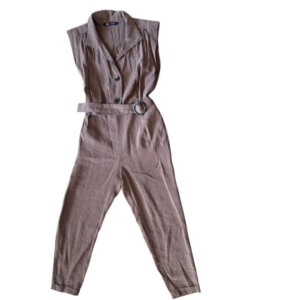 ZARA Sleeveless Collared Belted Wide Leg Jumpsuit Brown XS - Image 2