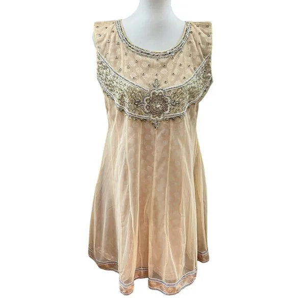 Handmade India Beaded Mesh Tunic Dress Champagne Gold Silver Embellished L/XL *Runs Small - Image 2