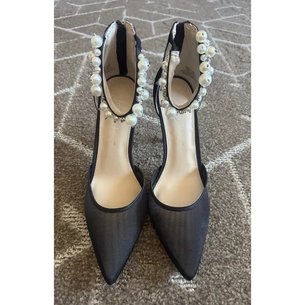 Betsey Johnson SB Ellah Pearl Crystal Embellished Mesh High Heels Pointed Toe 8 - Image 6