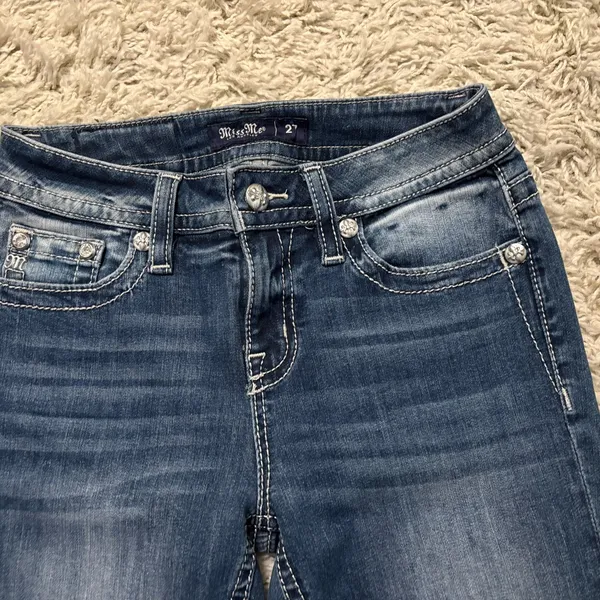 Miss Me Stylish Mid-Rise Skinny Blue Embroidered Women's Jeans Size 27 - Image 3