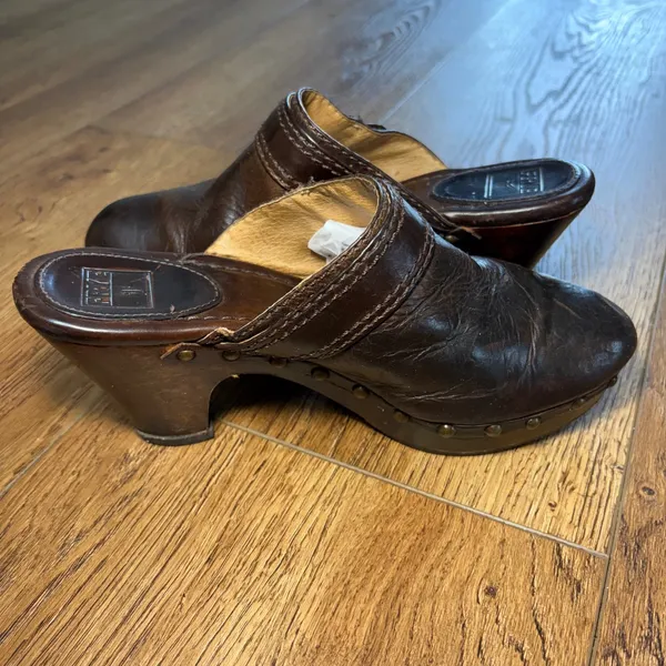 Frye Audra Heel Leather Clogs Mule Slide On 3.5" High-Heel Stud Brown Womens 8 M - Image 9