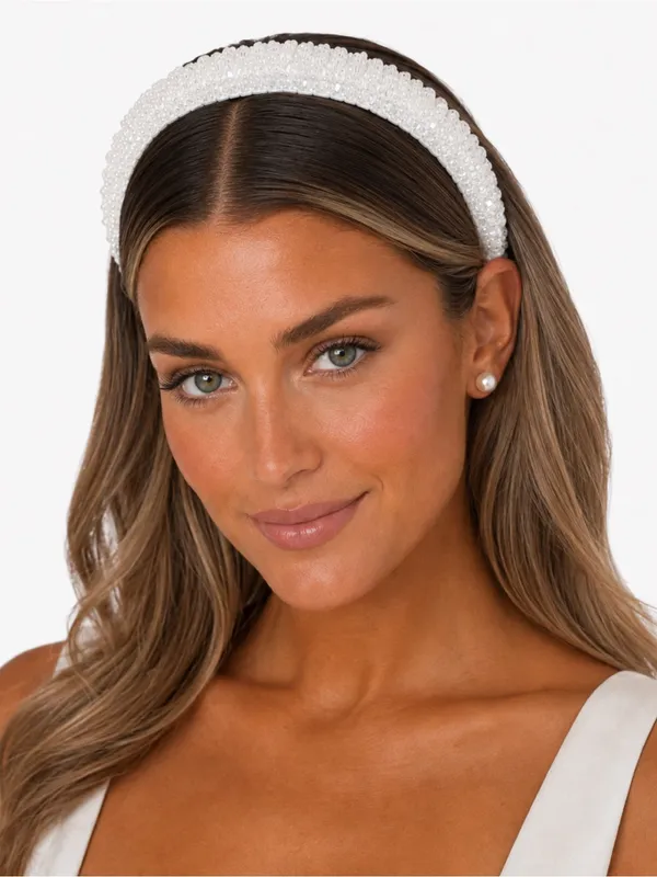 White Faceted Beaded Padded Headband Bridal Coquette Wedding Hair Accessory - Image 2