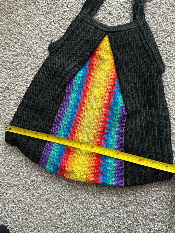 Vintage Rainbow Colorful Woven Shoulder Bag Black Bohemian Pride Hobo Tote - Image 10