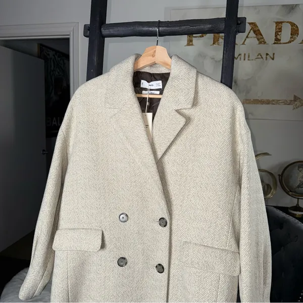 Mango Wool Blend Herringbone Double Breasted Coat Neutral Beige Medium New NWT - Image 7