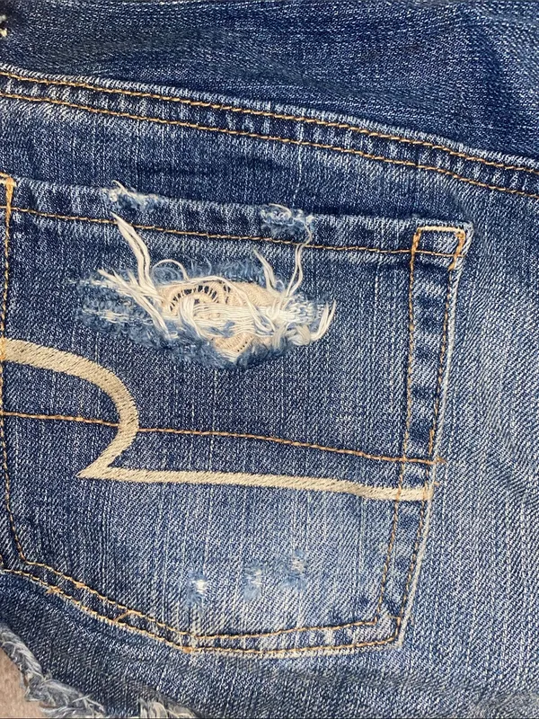 American Eagle Outfitters Dark Blue Distressed Denim Shorts with Lace Inset - Image 5
