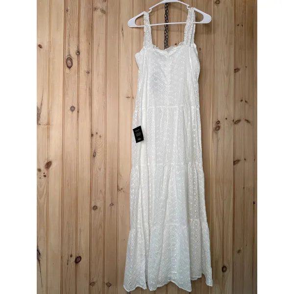 NWT Lulus Nerissa White Eyelet Embroidered Ruffle Drop Waist Midi Dress Tiered M - Image 6