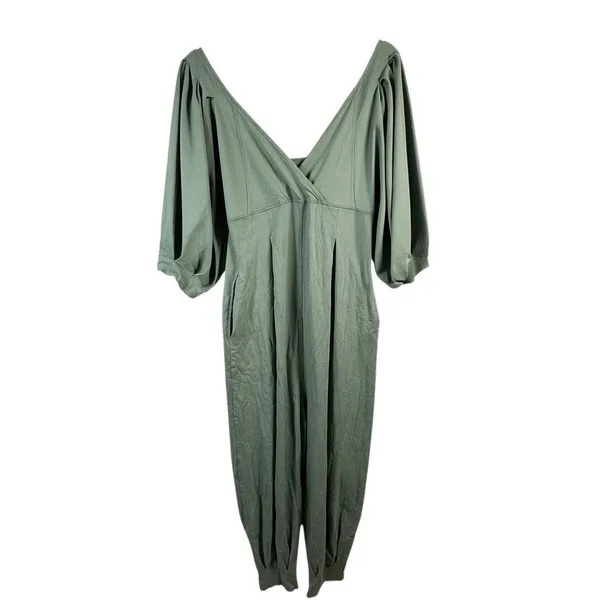 Free People Lotta Love Romper XS Sage Green Puff Sleeve Pleated Reversible Boho - Image 3