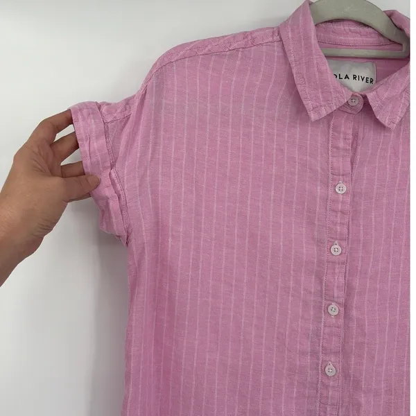 Lola River Linen Blend Pin Stripe Button Womens Shirt Sz M Pink Preppy Coastal - Image 4