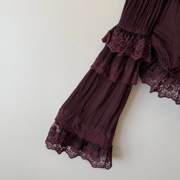 Earthbound Top M Wine Lace Tiered Ruffle Bell Sleeve Off Shoulder Fairycore - Image 6