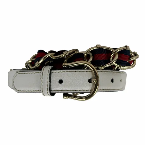 Gucci White Leather Gold Chain Web Belt Women Size 85/34 - Image 3
