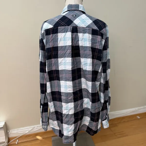 Barbour Womens Shoreline Shirt 10 EUC Oversized Windowpane Tartan Coastal Preppy - Image 2