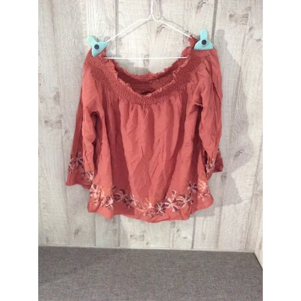 Tantrums Women Rust Terracotta Smocked Off Shoulder Embroidered Rayon Blouse L - Image 2