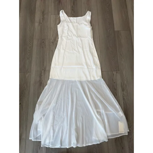 Commense Satin Bridal White Sheer Chiffon Overlay Minimalist Maxi Dress NWT L - Image 5