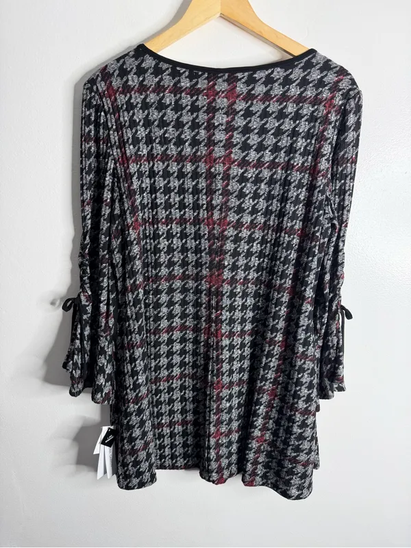 Sandra Darren Houndstooth Plaid Dress Bell Sleeve Black Burgundy Large Work - Image 3