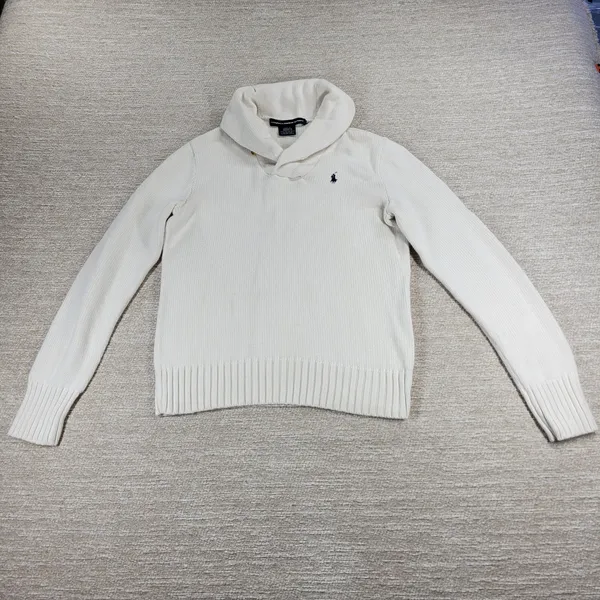 Ralph Lauren Sport Shawl Collar Sweater Womens Small White Preppy Blue Pony - Image 2