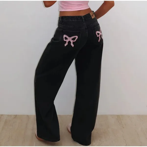 White Fox Jeans Wide Leg Mid Rise About A Girl Size S Black Pink - Image 5