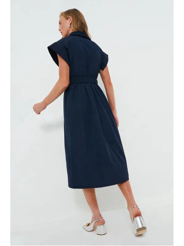 New Tuckernuck Navy Blue Chloe Midi Dress Small Belted Collared Moir Classic - Image 4