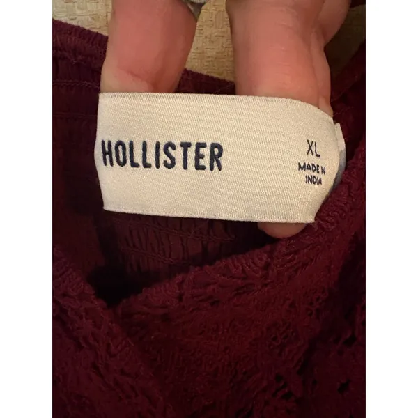 Hollister Burgundy Crochet Lace Smocked Back Babydoll Top XL Long Sleeve Plum - Image 3