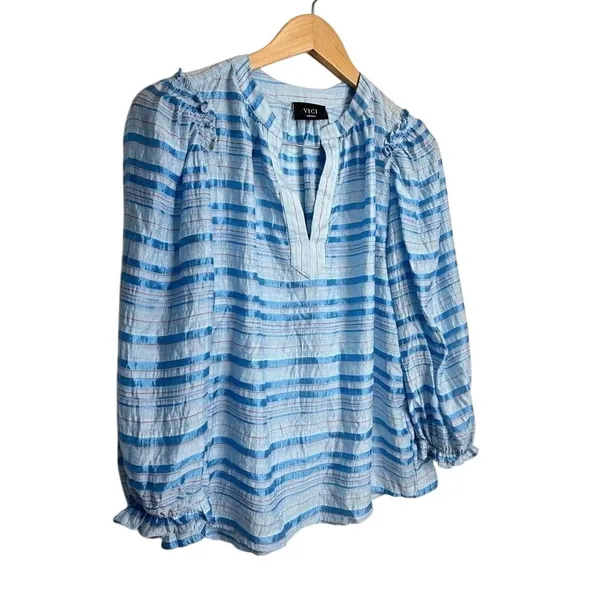 VICI Blue White Striped Metallic Ruffle Sleeve V-Neck Blouse Size Small - Image 5