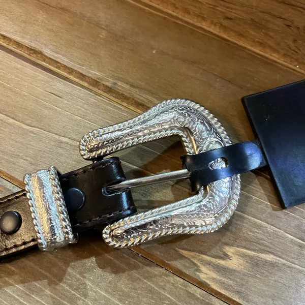 New Vtg Women Black small Genuine Leather Silver Stud Link Western belt - Image 3