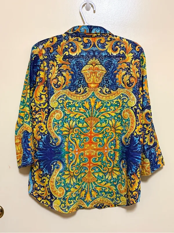 Vibrant Paisley Button-Down Shirt in Blue & Yellow - Women’s Classic Collar - Image 2