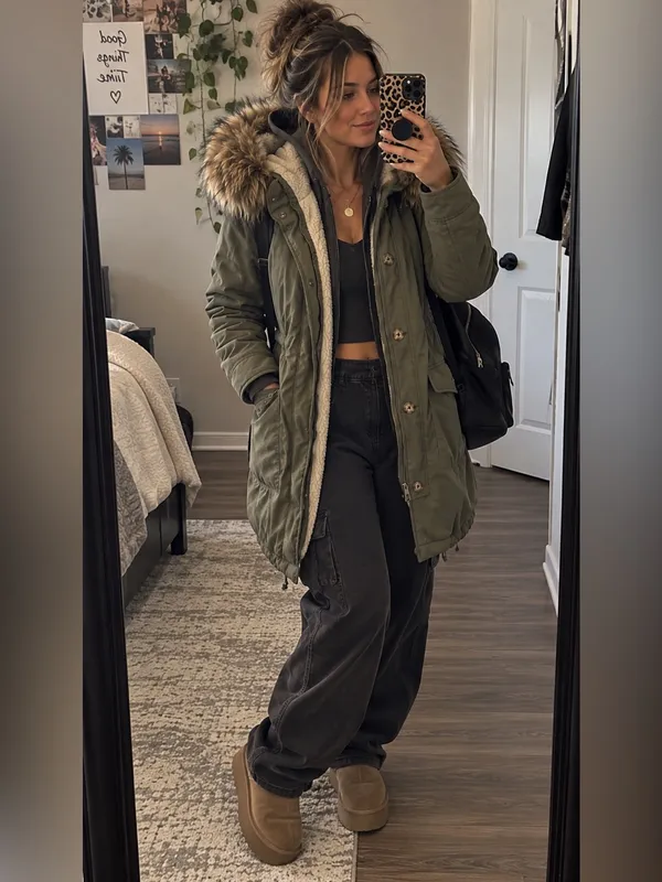 Vintage Y2K Abercrombie & Fitch Olive Sherpa Faux Fur Hood Park small - Image 11
