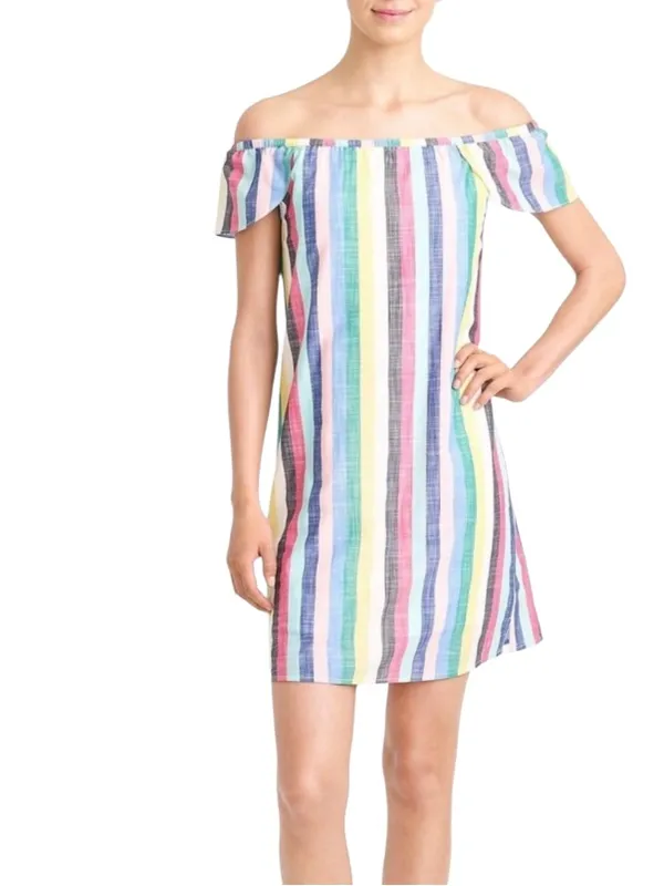 J. Crew Off-The-Shoulder Rainbow Stripe Mini Shift Dress. Size 14 - Image 3