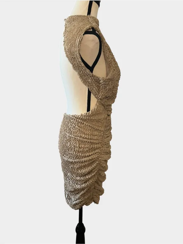 NWT Babyboo Aphrodite Beige Textured Ruched Open Back Mini Dress M - Image 8