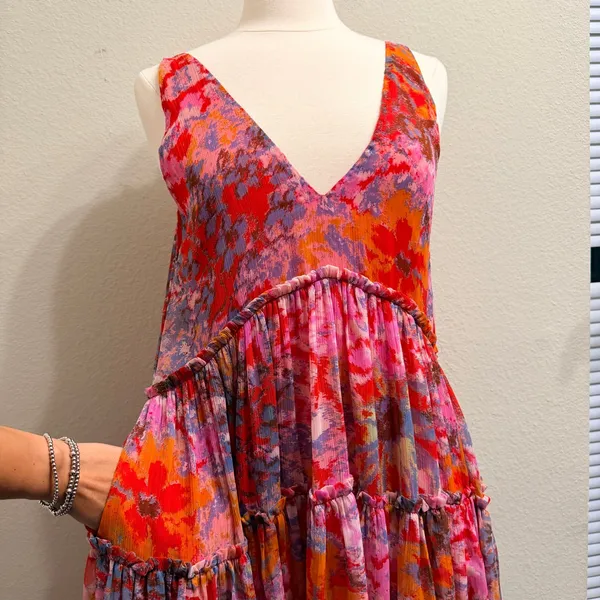 Free People Julianna Maxi Dress Small Red Floral Tiered Chiffon Sheer Boho Chic - Image 9