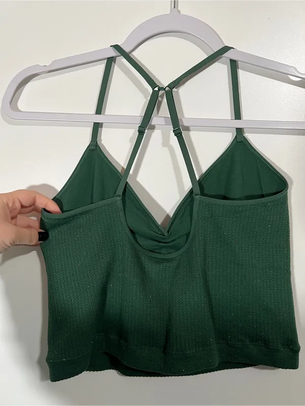 Aerie Superchill Waffle Bra Top in Dark Green Speckle Size Large - Image 3