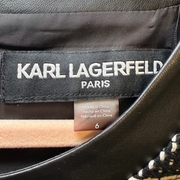 Karl Lagerfeld Paris Houndstooth Sheath Dress Faux Leather‎ Trim Black White 6 - Image 3