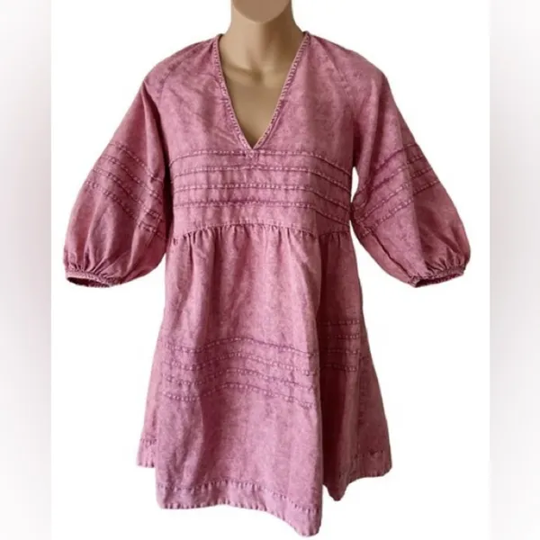 Mustard Seed Pink Boho Babydoll Mini Dress with V-Neck Size Small - Image 3