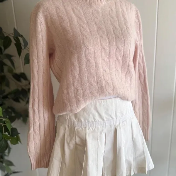 Baby Pink Cable Knit Cashmere Sweater Women's Crewneck Preppy Style - Image 4