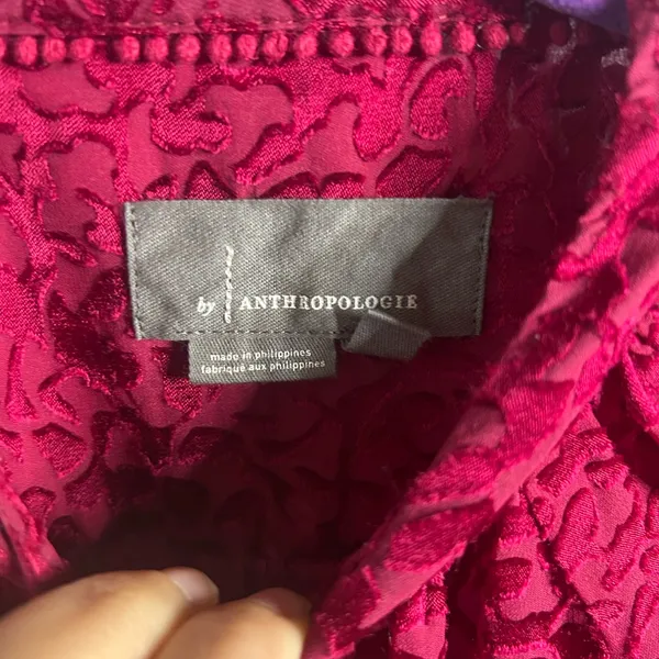 Anthropologie Susanna Velvet Deep Red Patterned B/D Blouse | Small - Image 8